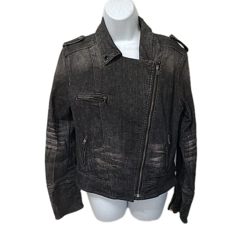 Jessica Simpson Moto Jean Jacket Jr XL Black Distressed Cropped‎ Denim Zippers